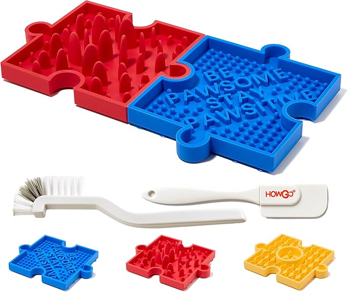 HowGo Puzzle Slow Feeder Lick Mat for Dogs, 38+ Suction Cups|Non-Slip Heavy Duty Maze Enrichment Bowl BPA-Free Silicone|Reduce Boredom Anxiety Free Combination (2PCs, Blue&Red)