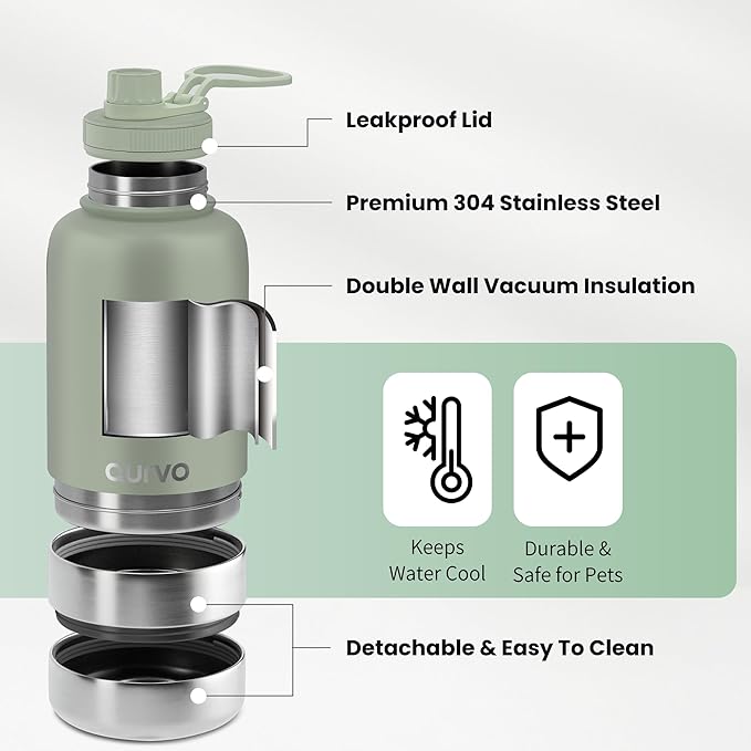 32oz Dog Water Bottle with Bowls - Leakproof Insulated Stainless Steel, Portable Travel Bottle for Hiking, Camping, Outdoor Use (Muted Olive, 32oz)