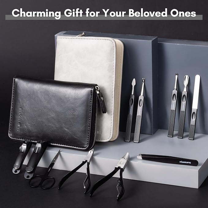 FAMILIFE Professional Manicure Set, Manicure Kit, Nail Clippers Set, 11 in 1 Stainless Steel Black Pedicure Tool, Nail Kit with Portable Leather Travel Case Luxury Gifts