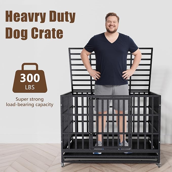 Enhanced Heavy Duty Dog Kennel Crate Cage with Strong Metal Frame, Double Doors and Lockable Wheels, for Extra Large Dog Breeds, Pet Playpen (Square, 48 inch)