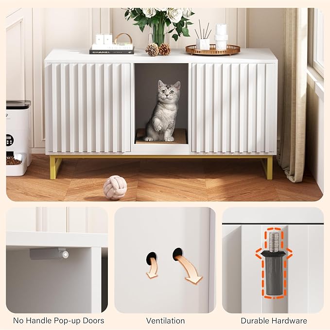 Double Litter Box Enclosure,Modern Cat Litter Box Enclosure for 2 Cats, Hidden Litter Box with Cat Scratch Pad, Cat Washroom Cat House End Table, Entryway Bench for Livingroom (White)