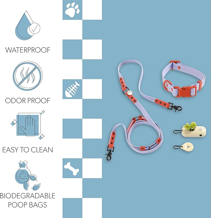 WLK1005E-5SET Luna Medium 8FT Adjustable 6-in-1 Waterproof Hands-Free Leash and Collar with LED Flashlight, Bag Dispenser, and Poop Bag Holder, Sangria