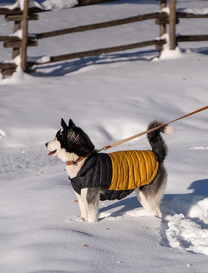 SPACE LION Dog Puffer Jacket, Down Winter Coat, Durable Outdoor Coat for Cold and Windy Conditions, Lightweight & Adjustable Fit Coats for Large Dogs, (BlackKhaki, Size28/4XL)