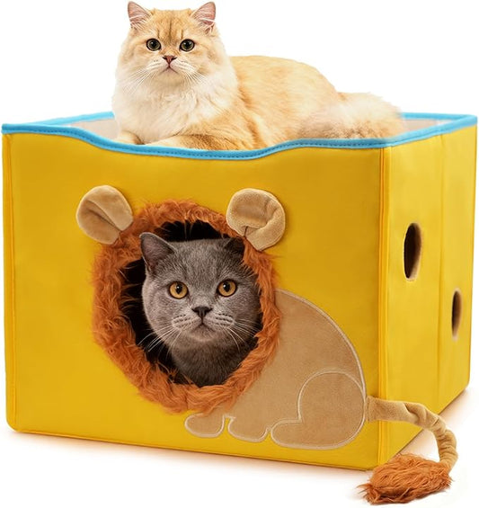 CWV Cat Houses for Indoor Cats, Cute Cat Cave Bed with Scratch Pad, Foldable Cat Cube for Multiple Large Cats, 17X17x13inch, Lion Design