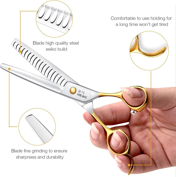 JASON 7.5" 18-Teeth Chunkers Shears for Dogs Cats Grooming Texturizing Blending Thinning Scissor Pets Trimming Kit Sharp Gold Shear for Right Handed Groomers Christmas Gift