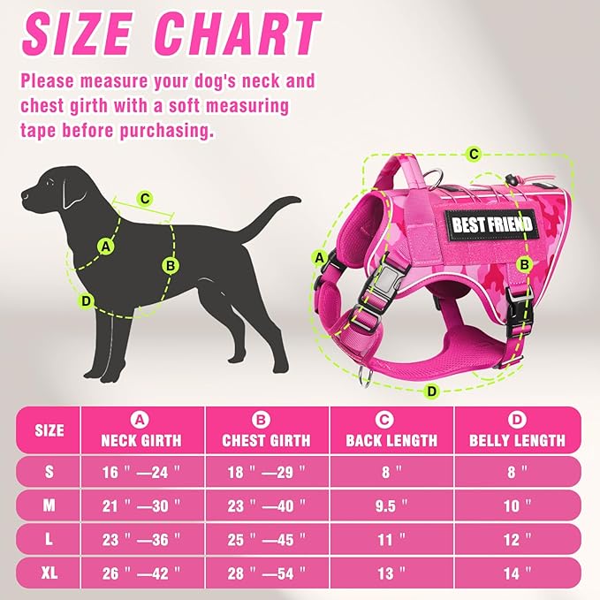 Tactical Dog Harness for Large Dogs,No Pull Military Dog Vest with Easy Control Handle&Molle,Adjustable Heavy Duty Pet Harness for K9 Working Hiking Training Daily Walking Camo Pink L
