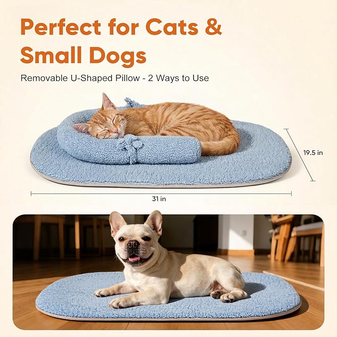 Self Warming Cat Bed Mat with Soft U-Shaped Pillow– Thickened Calming Cat Bed for Kittens and Small Dogs – Portable Washable Cats Warming Pad for Indoor or Travel Use,Blue