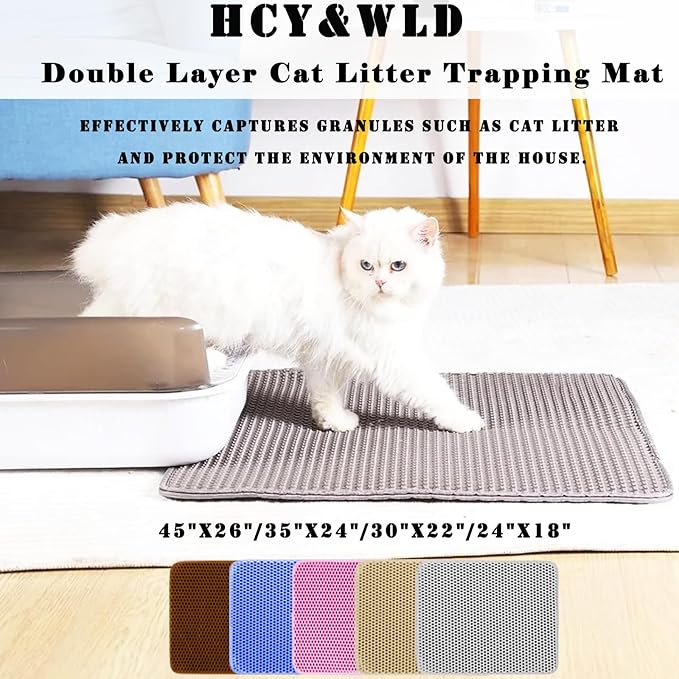 HCY&WLD Cat Litter Mat, Honeycomb Double Layer Cat Litter Trapping Mat, Waterproof Urine Proof Non-Slip, Scatter Control, Less Waste, Easier to Clean (Light Gray, 45" X 26")