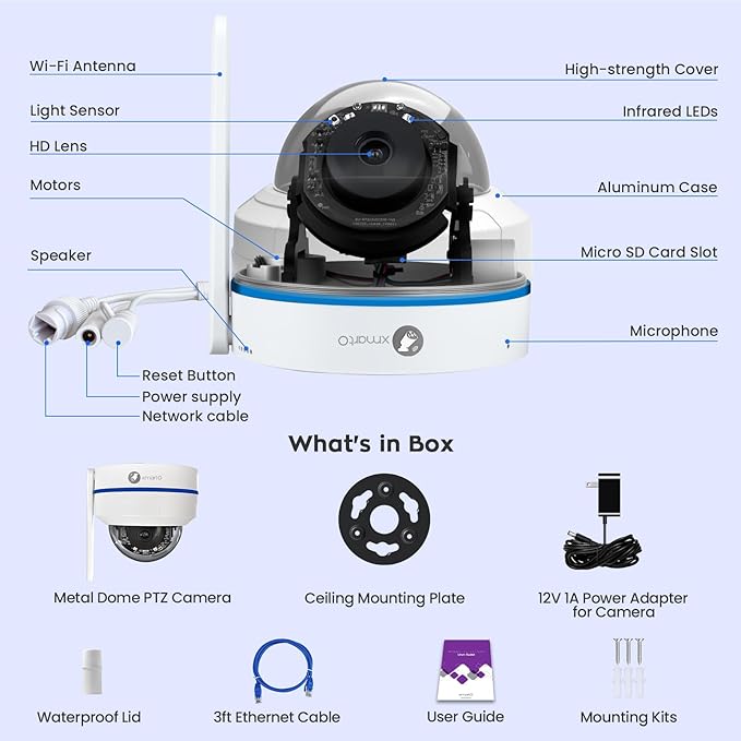 xmartO [4K AI Tracking Ceiling CAM] 4K 8MP UHD Metal Dome PTZ Wireless Security Camera with Automatic-Follow, 2-Way Audio and Night Vision (Add on to NVR or Use Standalone, DPK8034)