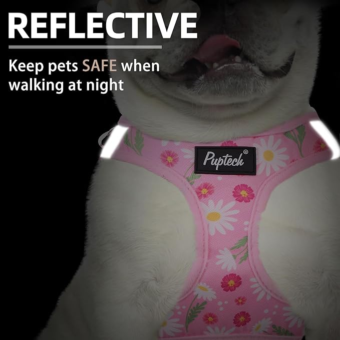 PUPTECK Dog Harness and Leash Set for Small Medium Dogs No Pull Step-in Soft Mesh Puppy Cat Vest Harnesses Reflective at Night, Pink Floral, M
