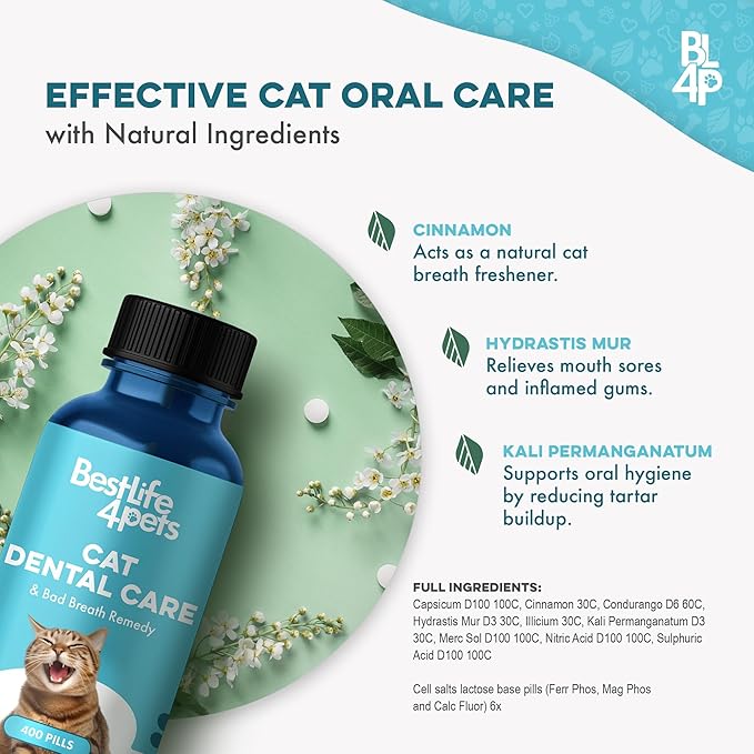 Cat Dental Supplement for Bad Breath, Tartar & Gum Support – Natural Oral Tablets for Fresh Breath, Teeth & Gum Wellness and Plaque Control – Odorless & Tasteless – 400 Easy-to-Give Pills