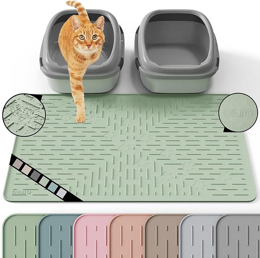 OHMO Cat Litter Mat Large Trapping Mat Premium Silicone Rubber 31.5x23.6 Sage Green, Waterproof and BPA Free Kitty Litter Box Mat, Easy to Clean and Keeps The Floor Tidy