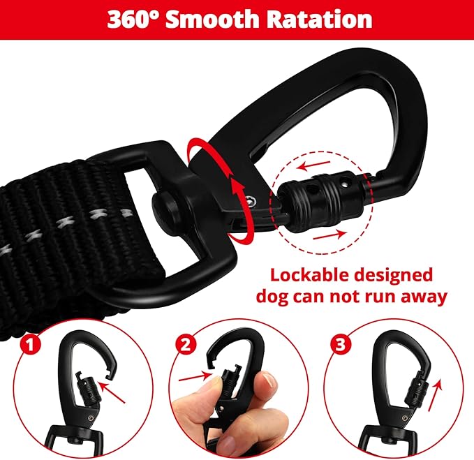 Rope Dog Leash 6 FT: Heavy Duty Leashes with Swivel Lockable Hook Reflective Threads Bungee and Padded Handle - Dog Lead for Large Small Medium Dogs Outside Walking Hiking Red Black