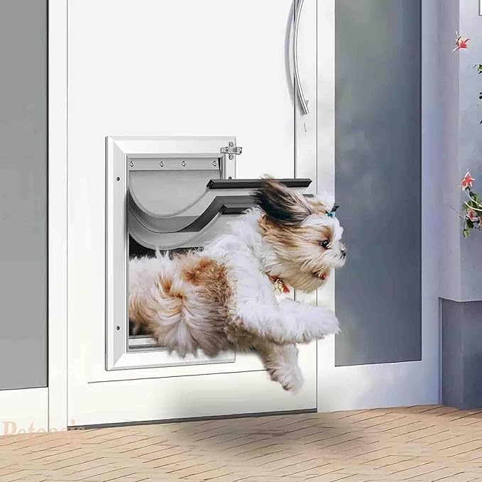 [Petoasis] 3-Flaps Heavy-Duty Dog Door, Rust Proof Aluminum Alloy Frame, Extreme Weather Dog Door Can Block Wind, Snow, and Rainwater Intrusion (Silvery White, XL for Door)