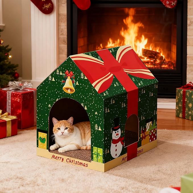 Christmas Cardboard Cat House with Scratching Pad (15"x12"x15") Christmas Decorations Scratching Pad for Kitty Cat Play House for Indoor Cats Christmas Red