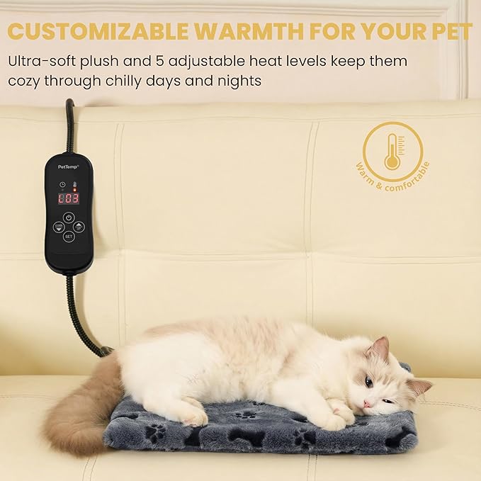 Pet Heating Pad for Cats Dogs, Heated Cat Dog Bed with 5 Temperature Levels, Timer, Auto Shut-Off, Thick Paw-Print Cover, Chew Resistant Cord for Indoor & Sheltered Outdoor Use (S: 16" x 13" x 1.3")