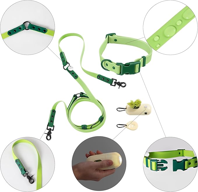 WLK1006B-5SET Luna Large 8FT Adjustable 6-in-1 Waterproof Hands-Free Leash and Collar with LED Flashlight, Bag Dispenser, and Poop Bag Holder, Mojito