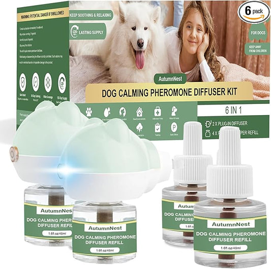 Dog Pheromone Diffuser Kit, Pet Diffuser for Stress Support, Reduces Stress and Promotes Relaxed Behavior, 2 Plug-in + 4 Packs Refill, 120 Day Supply (Non-Toxic, Safe & Inedible), Diffuser with Light