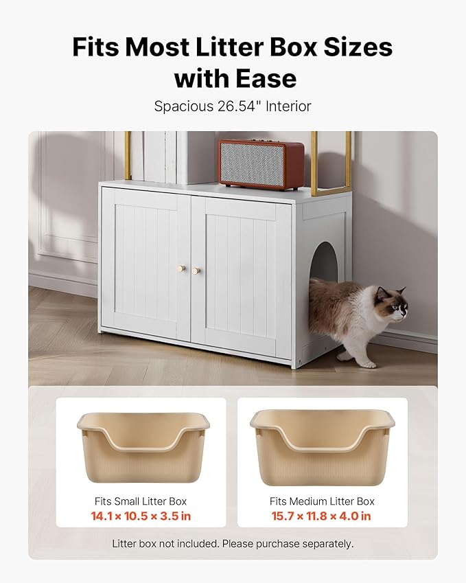 VEVOR Cat Litter Box Enclosure Furniture, 27.6 in Hidden Litter Box Cabinet with Metal Legs & 2-Tier Storage Shelves, Waterproof Washroom Cat House, Fit Most of Litterbox, for Living Room