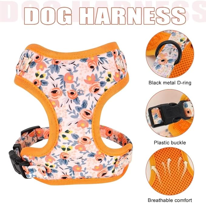 Beirui Cute Girl Dog Collars, Harnesses & Leashes Set - Adjustable Dog Collar and Leash Set with Flower - Soft Mesh Dog Vest Harness for Puppies Small & Extra Small Dogs Cats (Orange,XXS)