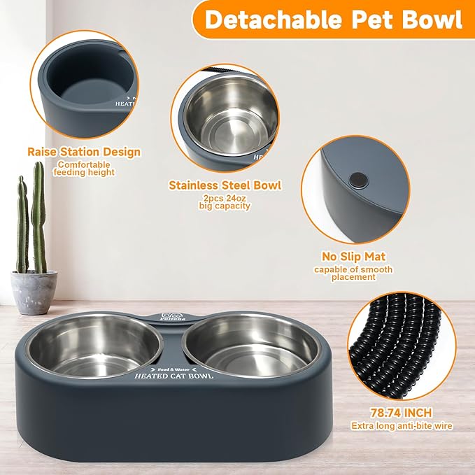 Heated Cat Bowl, Outdoor Heated Pet Bowls with Double Stainless Steel Bowl 24 OZ, Water Food Bowls for Cat Pet, Provide Drinkable Water and Hot Food in Winter