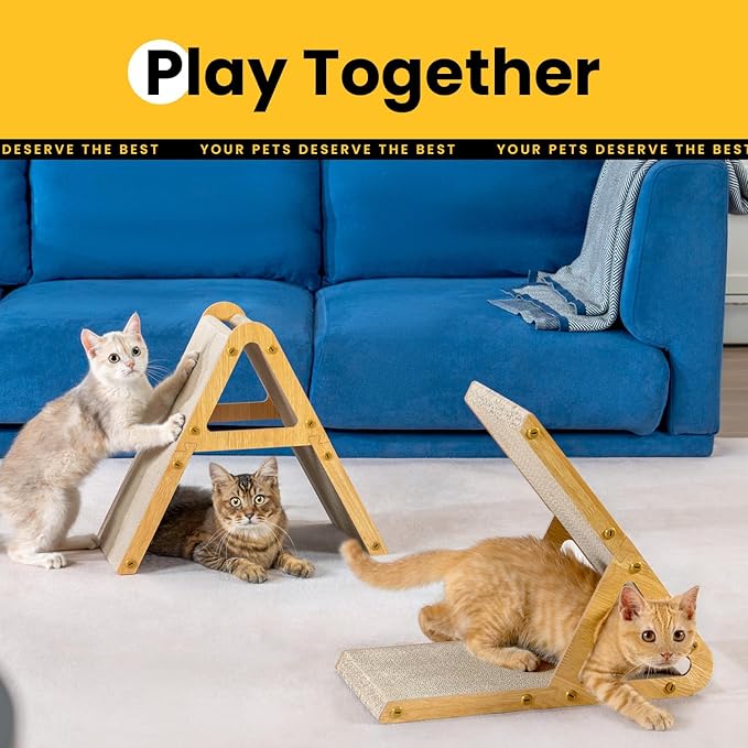 A-Frame Cat Scratching Board, Recycled Cardboard & Wood Frame, Dual-Sided Vertical Horizontal Cat Scratcher for Indoor Kittens, Ideal for Multiple Cats- 2 Pack, Light Wood, Small