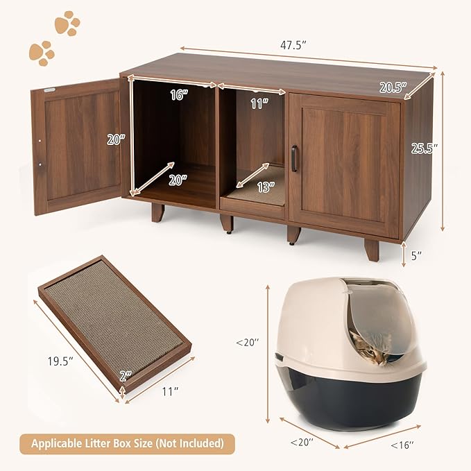 Tangkula Double Cat Litter Box Enclosure for 2 Cats, Large Stackable Hidden Privacy Cat Washroom Cabinet with Scratching Board, Indoor Cat House TV Stand Side Table, Litter Box Furniture (Brown)