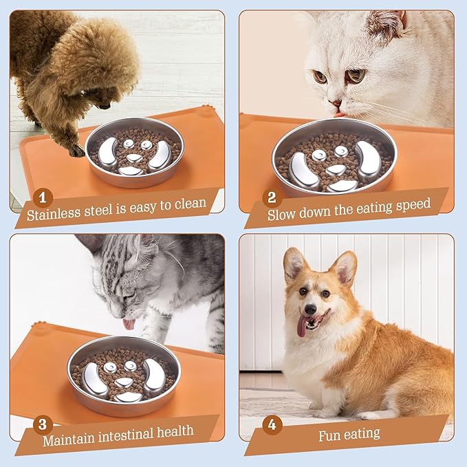Stainless Steel Slow Feeder Dog Bowls – Non-Slip Metal Dog Bowl for Large & Medium Breeds, Puppy Puzzle Feeder – 2 Cup Capacity for Small to Big Pets – Durable Slow Feed Dog & Cat Food Dish with Mat