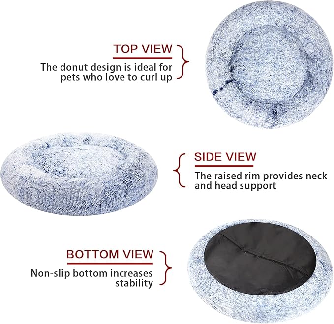 Bedfolks Calming Donut Dog Bed, 23 Inches Round Fluffy Dog Beds for Small Dogs, Machine Washable Anti-Anxiety Plush Puppy Bed（Navy Blue, Small）