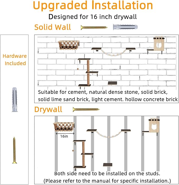 5-in-1 Cat Wall Shelves Set with Hammock, Wall-Mounted Cat Furniture Includes Condo, Bridge, Ladder & Steps for Indoor Cats, Safe & Stable (Gray)