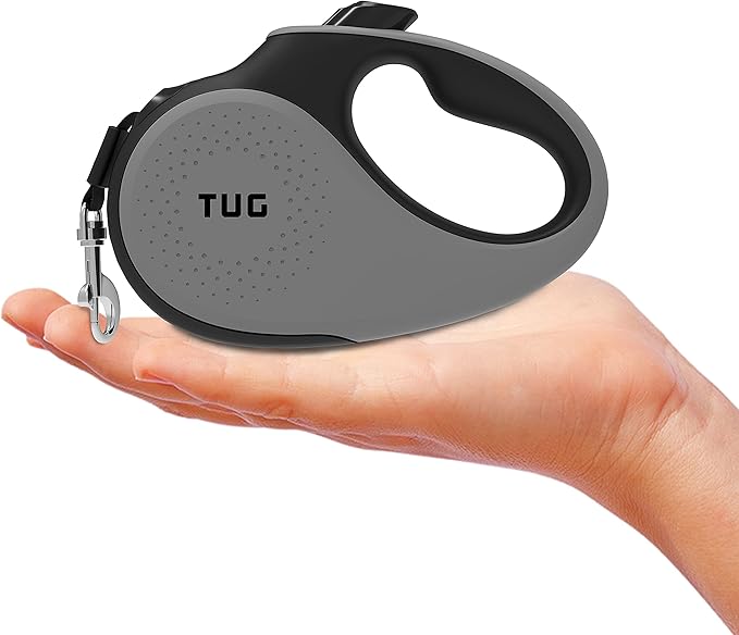 TUG Tiny 360° Tangle-Free Retractable Dog Leash with Anti-Slip Handle | 10 ft Nylon Tape | One-Handed Brake, Pause, Lock (Grey)