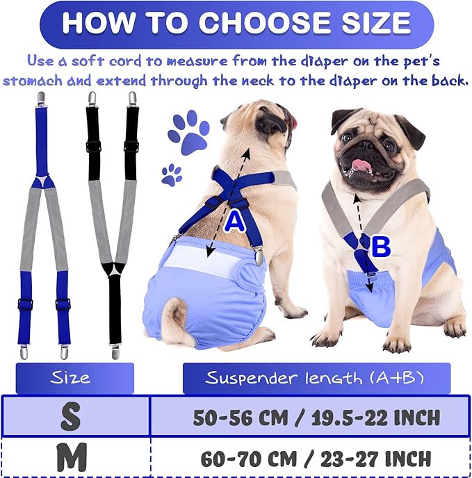 Saintrygo 2 Pcs Dog Suspenders for Diapers Female Male Belly Bands Canine Harness Keep Diaper on Your Pet for Small Medium and Large Dogs(Black, Blue,Small)