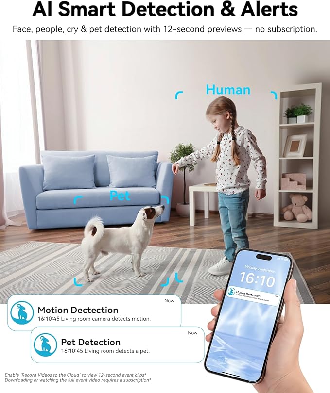 blurams Cameras for Home Security, 2K Pet Camera with Phone App, 360° PTZ Indoor Cameras, 2-Way Talk, Motion Tracking, Color/IR Night Vision, Compatible with Alexa, 8MP, Wi-Fi 6