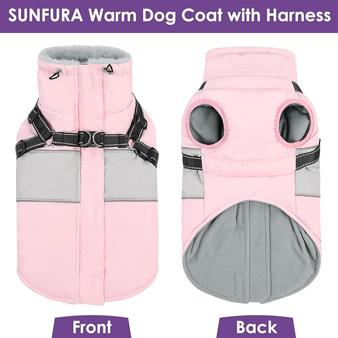 SUNFURA Dog Jacket, Large Dog Coat with Harness Built in, Warm Pet Winter Jacket Zippered Snow Coat with Furry Collar, Waterproof Fleece Snowsuit for French Bulldog, Pink L