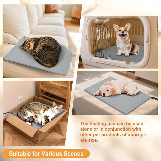 Cat Heating Pad, 6 Adjustable Temperature & 5 Timer Options, 15.7'' x 27.5'' Pet Heating Pad for Cats Dogs, Waterproof Indoor Outdoor Electric Heated Cat Bed Dog Mat with Chew-Resistant Cord (Grey)