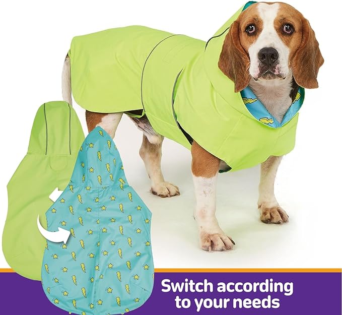 Dog Raincoat Reversible, Single Side Slicker Poncho Adjustable Waterproof Dog Rain Jacket with Leash Hole/Reflective Stripe Hooded Snowproof Windproof Clothes for Small to 3X-Large Dogs, 3XL