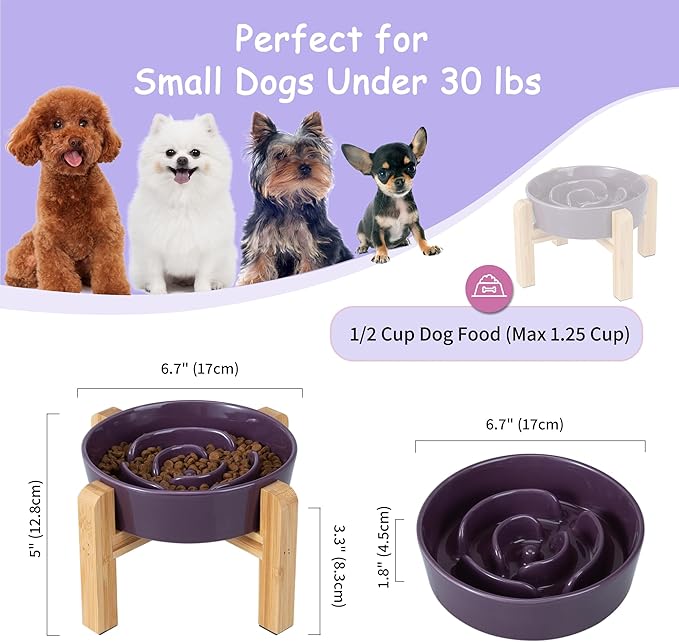 Elevated Slow Feeder Dog Bowl - Ceramic Maze Food Dish with Bamboo Stand - Raised Feeding Bowl for Fast Eaters - Ideal for Small and Medium Dogs - Purple - 6.7 inch