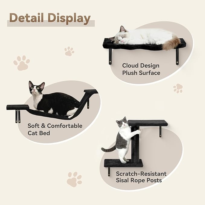 6-in-1 Cat Wall Shelves, Wall-Mounted Cat Furniture for Indoor Kittens, Modern Floating Shelves with Scratching Posts, Bed, Perch, Bridge, Condo, Steps and Scratcher, Space-Saving Gym, Black