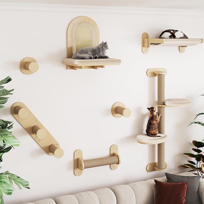 BYBYME 7Pcs Cat Wall Shelves, Solid Wood Indoor Cat Tree, Multi-Levels, Sturdy Wooden Wall Mounted Climbing Frames with Scratching Posts, Kitten Platform and Bed（Natural Wood）