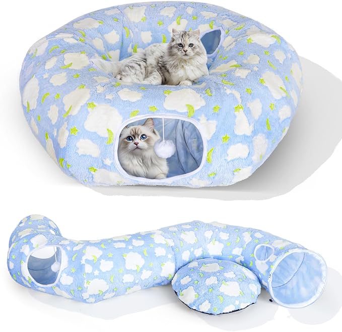 Cat Tunnel Bed, Foldable Cat Donut Tunnel with Removable Cushion, Toy Ball & Social Windows, Stress Relief Fun, Round Pet Play Tunnel for Indoor Cats, Kittens and Small Pets (3D Cloud Pattern)