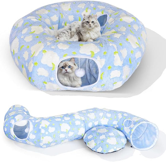 Cat Tunnel Bed, Foldable Cat Donut Tunnel with Removable Cushion, Toy Ball & Social Windows, Stress Relief Fun, Round Pet Play Tunnel for Indoor Cats, Kittens and Small Pets (3D Cloud Pattern)