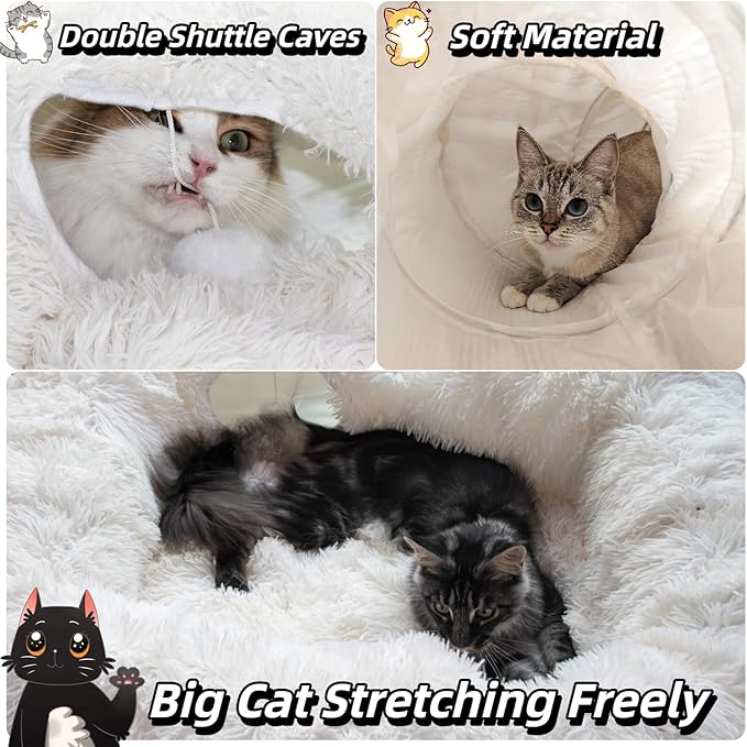 XxingSheep 4 Cave Shuttled XL Cat Tunnel Bed for Indoor Cats Peekaboo Toy Donut with Warm Mat, White