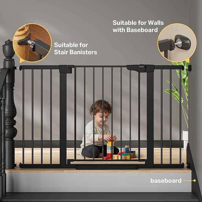 Cumbor 2 Pack 29.7"-51.5" Extra Wide Baby Gate for Stairs, Easy Wall Through Dog Gates for Doorways, Pressure Mounted Pet Gate Indoor, Safety Auto-Close Child Gate for Kids with 4 Wall Cups, Black