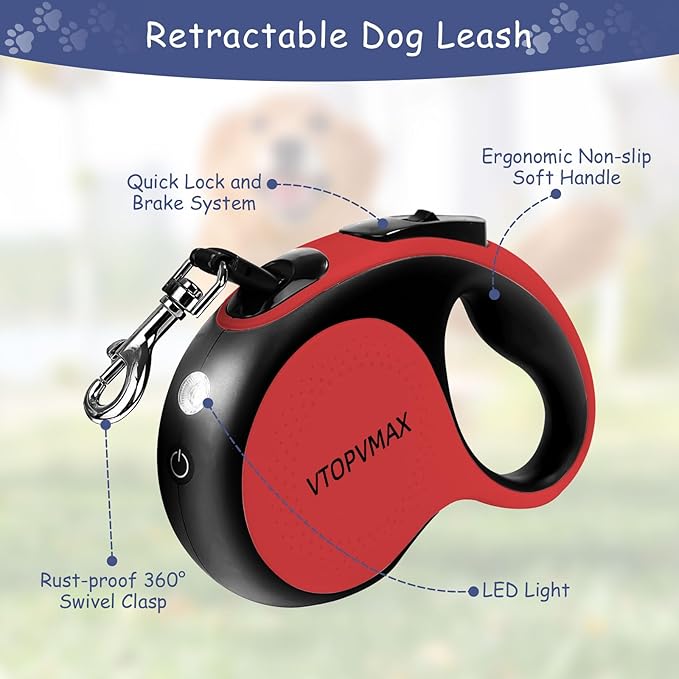 16Ft Retractable Dog Leash - for Small to Medium Dogs Up to 66lbs, Heavy Duty Retractable Leash with Light Rechargeable, Quick Lock Braking & Non-Slip Handle (Red)