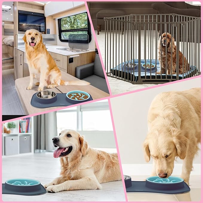 Slow Feeder Dog Bowls 3 in 1 Stainless Steel Dog Food and Water Bowls with Non-Spill and Non-Skid Silicone Mat to Slow Down Eating for Large Medium Small Breed Size Dogs and Cats (Light Grey)