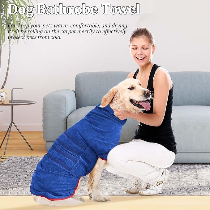Dog Drying Coat - Fast Drying Dog Bathrobe Towel,Super Absorbent Pet Bath Robe,Microfibre Quick Dry Warm Keeping Robes with Adjustable Collar and Waist (Blue, X-Large)