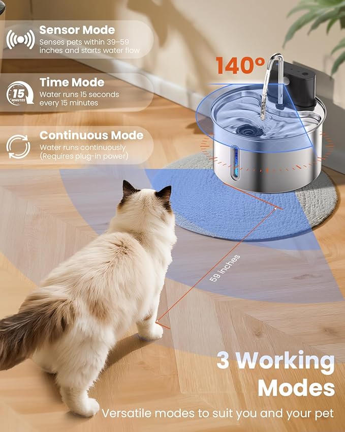 Cat Water Fountain Wireless Stainless Steel with Sensor 3.5L/118oz Battery Operated Rechargeable Automatic Water Dispenser Quiet Pump for Drinking Indoor, Easy Clean for Cats Dogs Pets