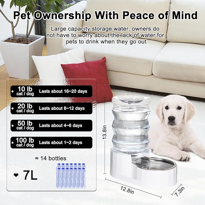 RIZZARI Automatic Gravity Pet Waterer: 7L White Stainless Steel Water Dispenser - Large Capacity with Triple Filter and Specialized Brush for Senior Dogs with Spinal Issues - for Living Room Bedroom
