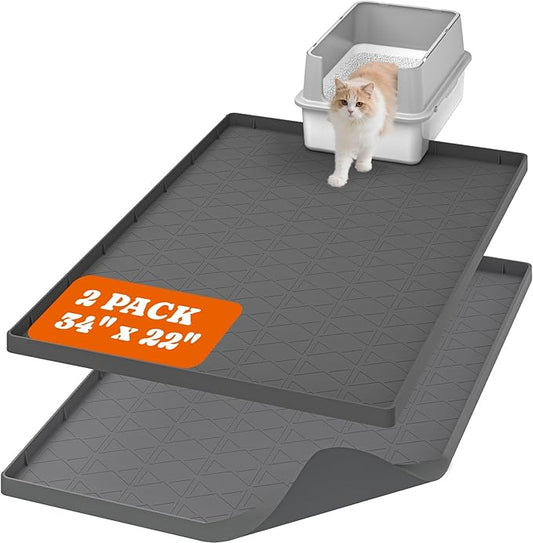 Cat Litter Mat, Large 34" x 22" Litter Box Mat, 2 Packs Cat Litter Box Mat, Non-Slip Kitty Litter Mat for Floor, Easy to Clean, Waterproof & Urine-Proof Cat Litter Mat Litter Trapping Mat, Gray