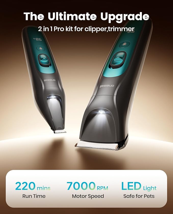 oneisall LED Light Dog Trimmer Clippers, Cordless Dog Grooming Kit 2 in 1, 2000mAh Pet Grooming Clippers Paw Trimmer Nail Grinder for Paw, Nail, Face, Ears, Legs, Body